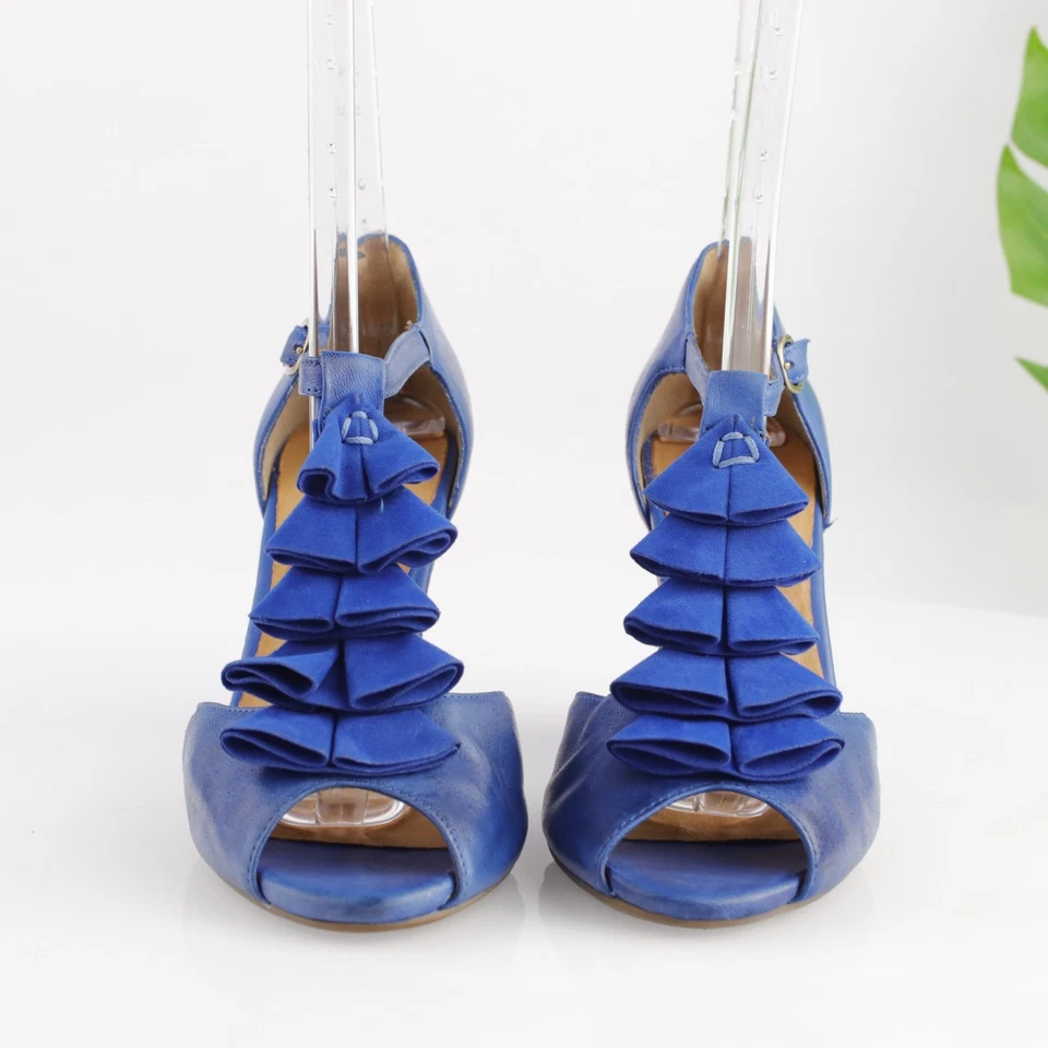 Miz Mooz Womens Sailor Sandal Size 9 Blue Leather Block Heel Ruffle T-Strap Shoe - Image 2 of 4