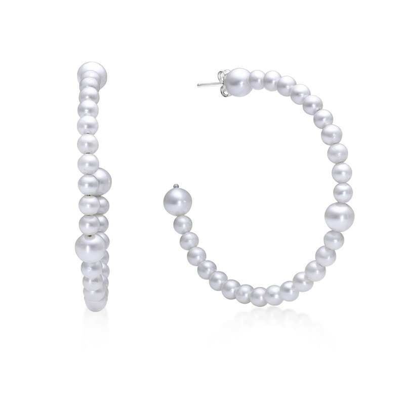 925 Sterling Silver Hoop Earrings with White Pearl Jewelry for Women - 4-7MM