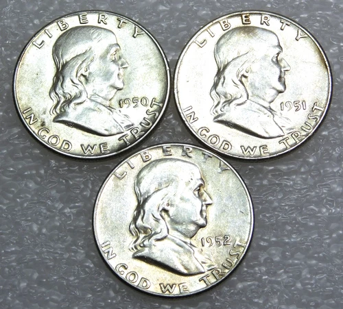 1950, 1951, 1952 Franklin Silver Half Dollar lot of 3 coins in saflip #E252