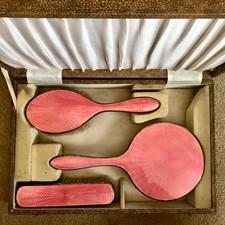 Vintage Rosa Guilloche Emaille Schminktisch Schminktisch Bürste & Spiegel Set Gehäuse