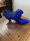 Vtg Fenton Cobalt Blue Glass Daisy button cat head shoe figurine