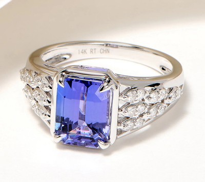 Affinity Gems 14K Weißgold Smaragdschliff Tansanit & Pave Diamant Ring, Größe 6