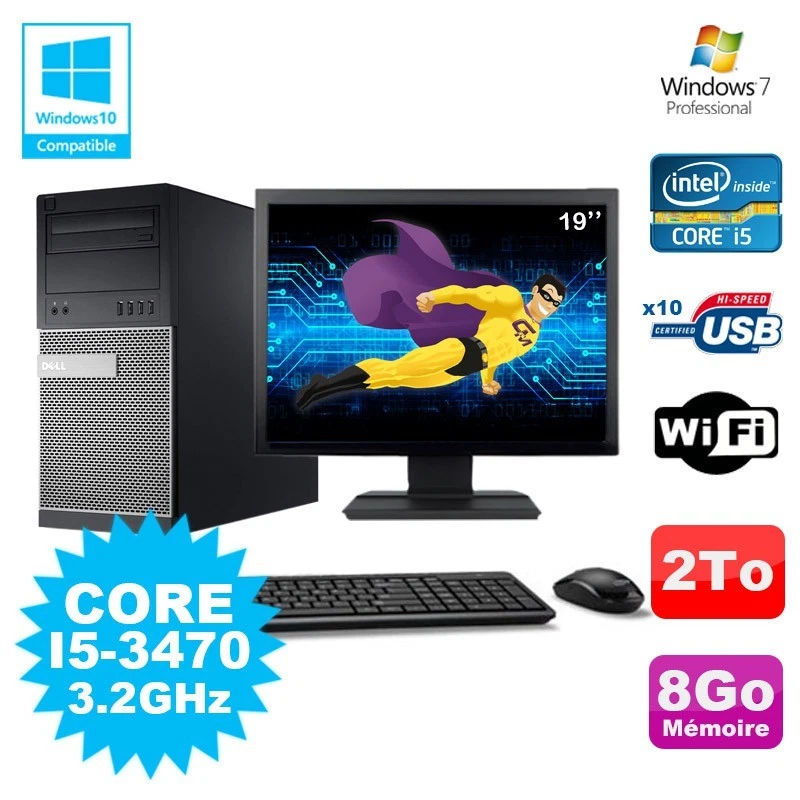 Lot PC Tour Dell 790 Intel I5-3470 3.2Ghz 8Go 2To DVD WIFI Win 7 + Ecran 19" - Photo 1/1