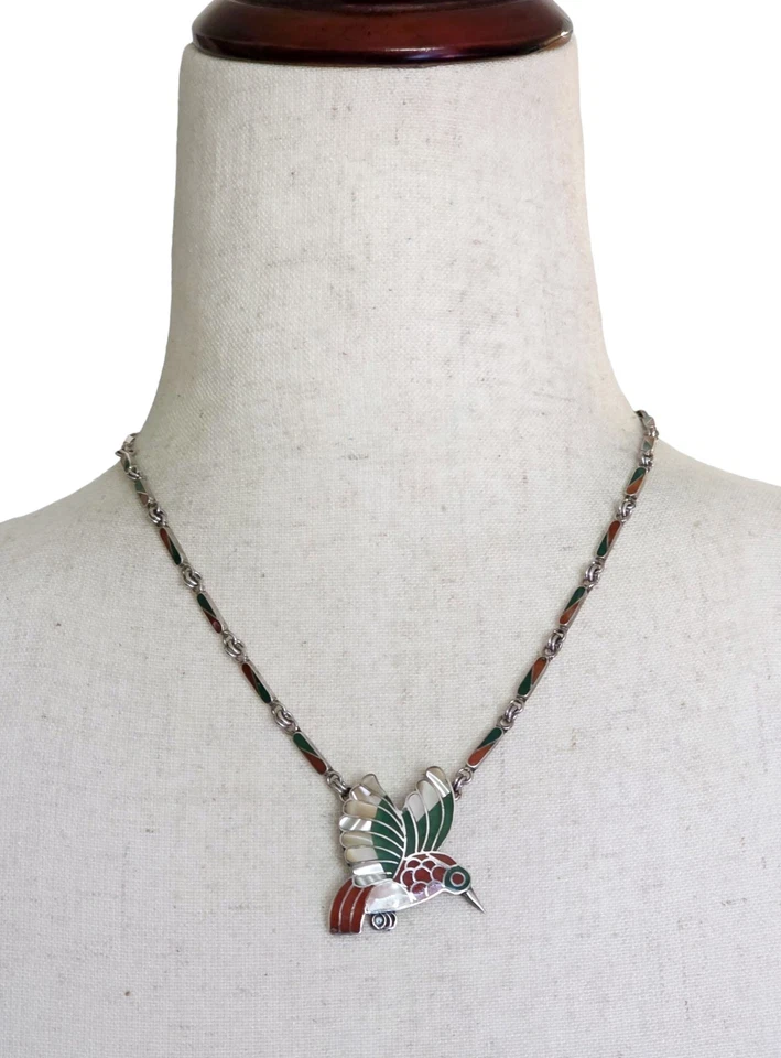 Vintage 950 Fine Silver Gemstone Inlay Bird Pendant Necklace Native Tribal  - Image 2 of 4