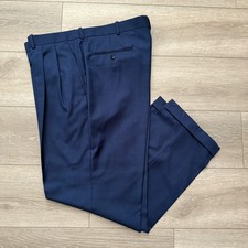 Custom Men's Blue Wool Pleated Cuffed Tailored Dress Pants Trousers - 42x31