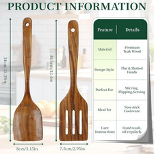 Wooden Spoon for Cooking, Handmade Teak Wood Kitchen Utensil Set, Flat Turner...