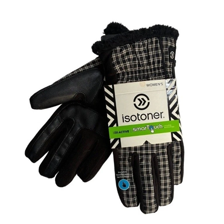 Isotoner Womens SmartTouch Plaid Active Gloves Black White M/L Winter Chic