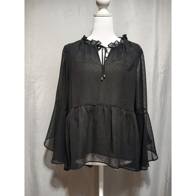 #ad White House Black Market Black Clip Dot Ruffle Neck Bell Sleeve Peplum Blouse 8 $25.99