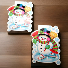 Vtg Eureka USA Christmas Cardboard Cutouts 2 Snowman Ice-skating Wall Decoration