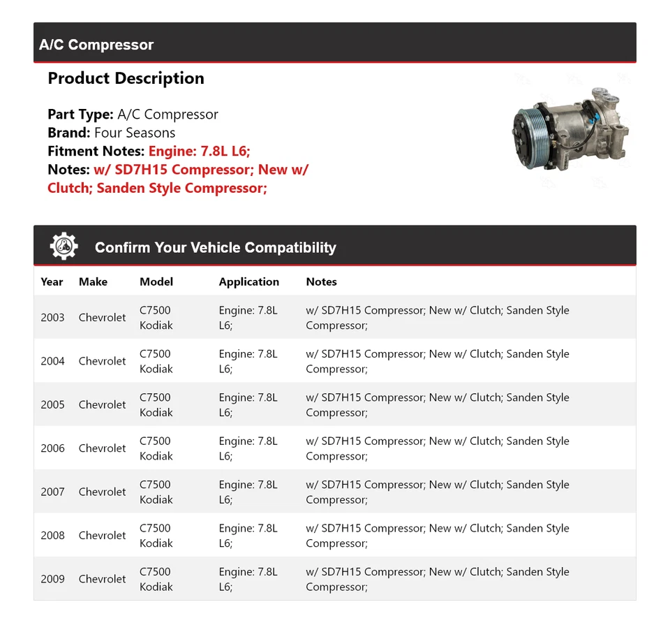 Compresor de aire acondicionado para Chevrolet C7500 Kodiak 2003-2009 7,8 L L6 4 estaciones 2004 2005 Foto 2 de 4