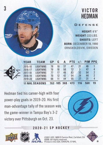 2020-21 Upper Deck SP Authentic Hockey Blue Victor Hedman #3 Lightning - Picture 2 of 2