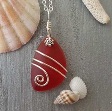Hawaiian Jewelry Sea Glass Necklace, Wire Red Necklace, Sea Glass Jewelry Beach