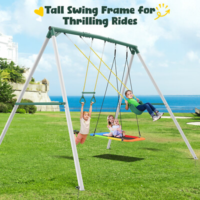 700lb 9.5Ft Metal Swing Set for Backyard w/3 Swings Heavy Duty Trapeze Swing Bar