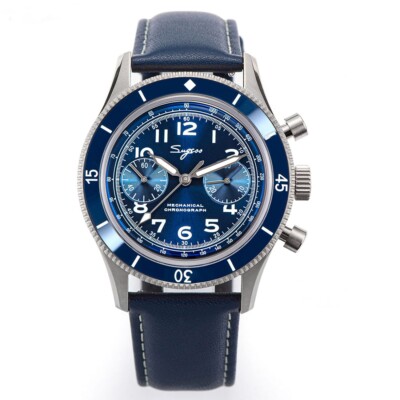 Sugess Chronograph Mechanische Automatik Stahl Blau Leder Pilot Herren Uhr