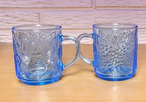 2-Vintage KIG Indonesia Ice Blue Glass Coffee Mug with Embossed Fruit