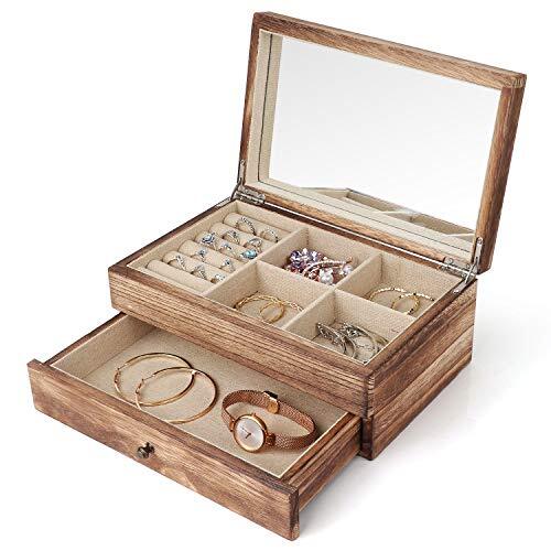 2-Layer Torched Wood Jewelry Box Organizer for Women with Large Storage-image