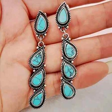 Boho 925 Sterling Silver Vintage Tibetan Tibet Turquoise Dangle Stud Earrings
