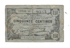Banknote Frankreich - Notgeld f&uuml;r 176 Kommunen  d. n&ouml;rdl. Dep- 50 Centimes  1916
