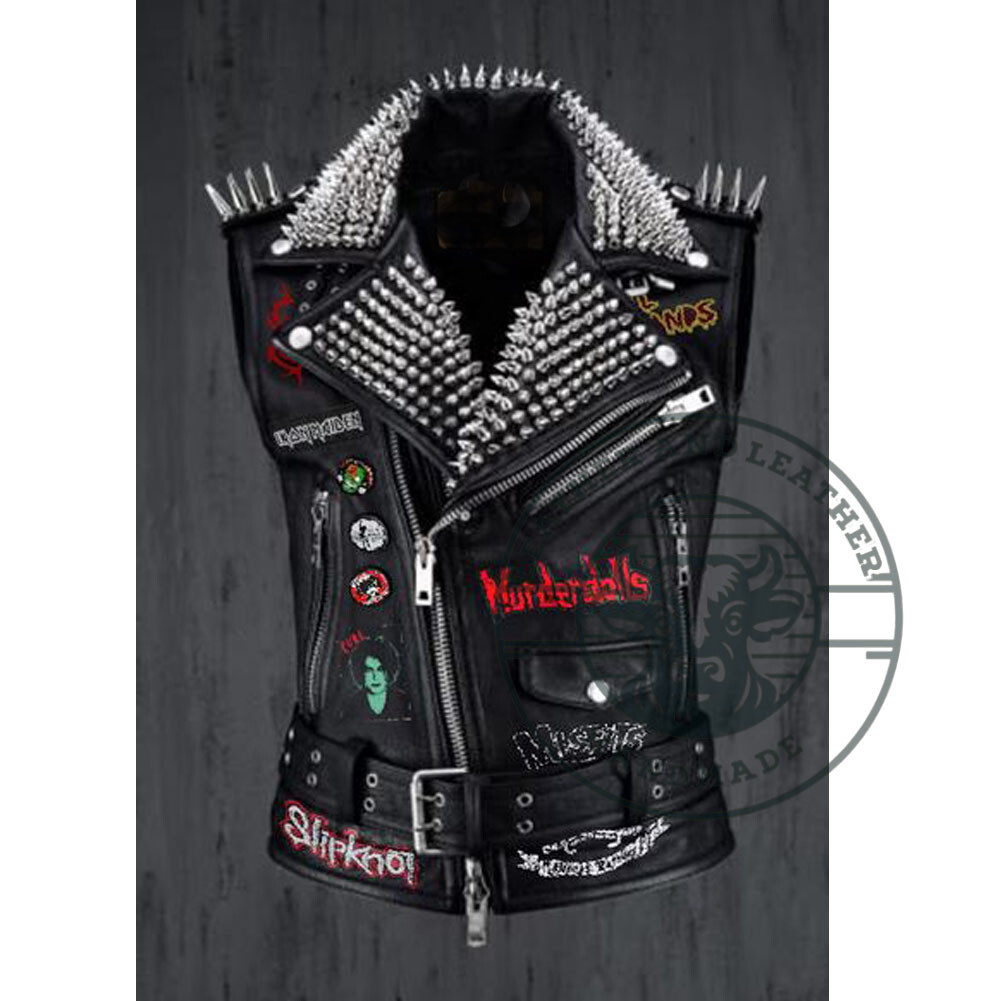 Men's Black Leather Gothic Jacket with Studded Spikes and Waist Belt  