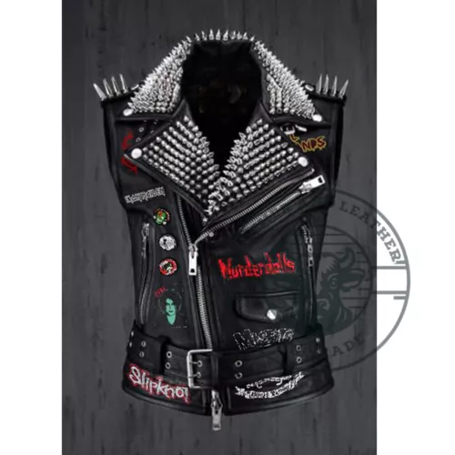 Men's Black Leather Waist Belted Outer Wear, Spiked Studded Gothic Jacket