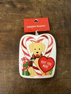 Puppy Dog Christmas Ornament  Ruff You More  Candy Cane Heart Ceramic