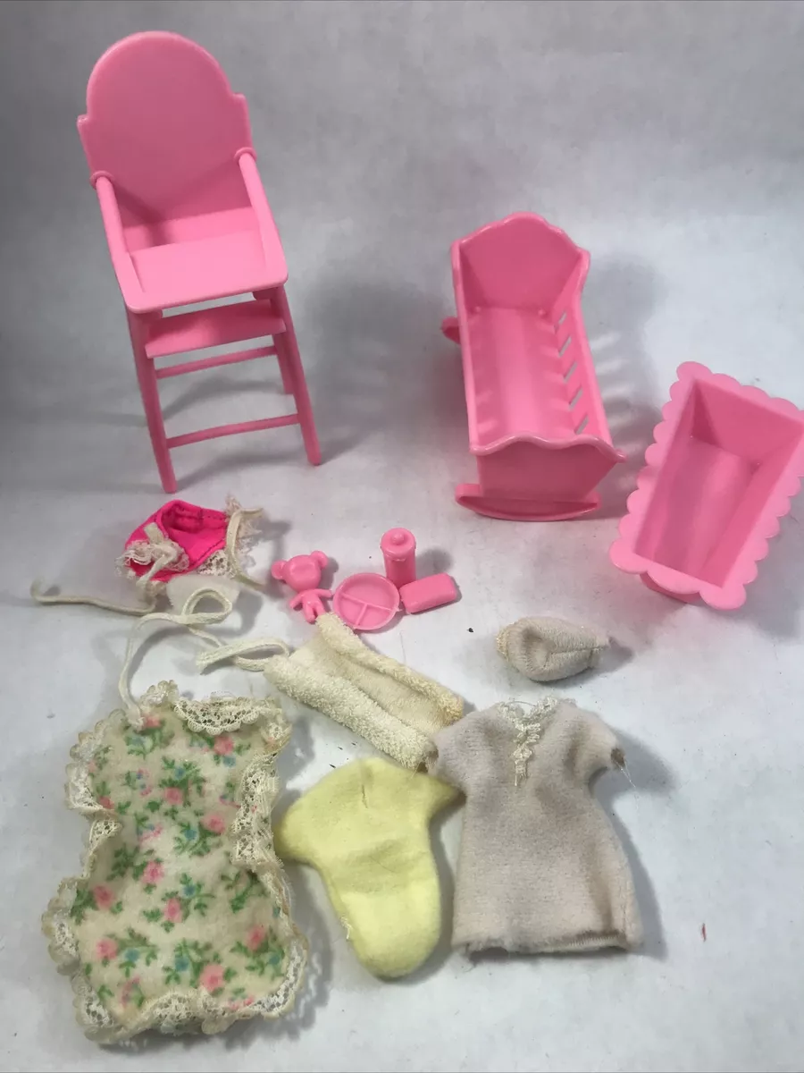 Vintage Barbie Doll Baby Accessories and Clothes High Chair Cradle