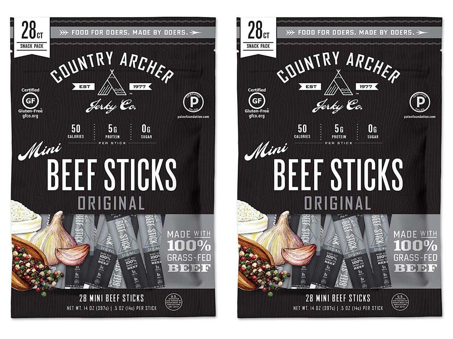 2 Packs Country Archer Original 100 GrassFed Mini Beef Sticks 28CT 14