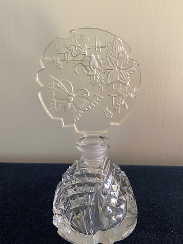 Vintage Czech  Glass Perfume Bottle with Butterfly & Rose Covered Flat Stopper