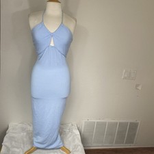 NWT New MistyRose Baby Blue Textured Stretch Halter Midi Dress Sz Medium Coastal
