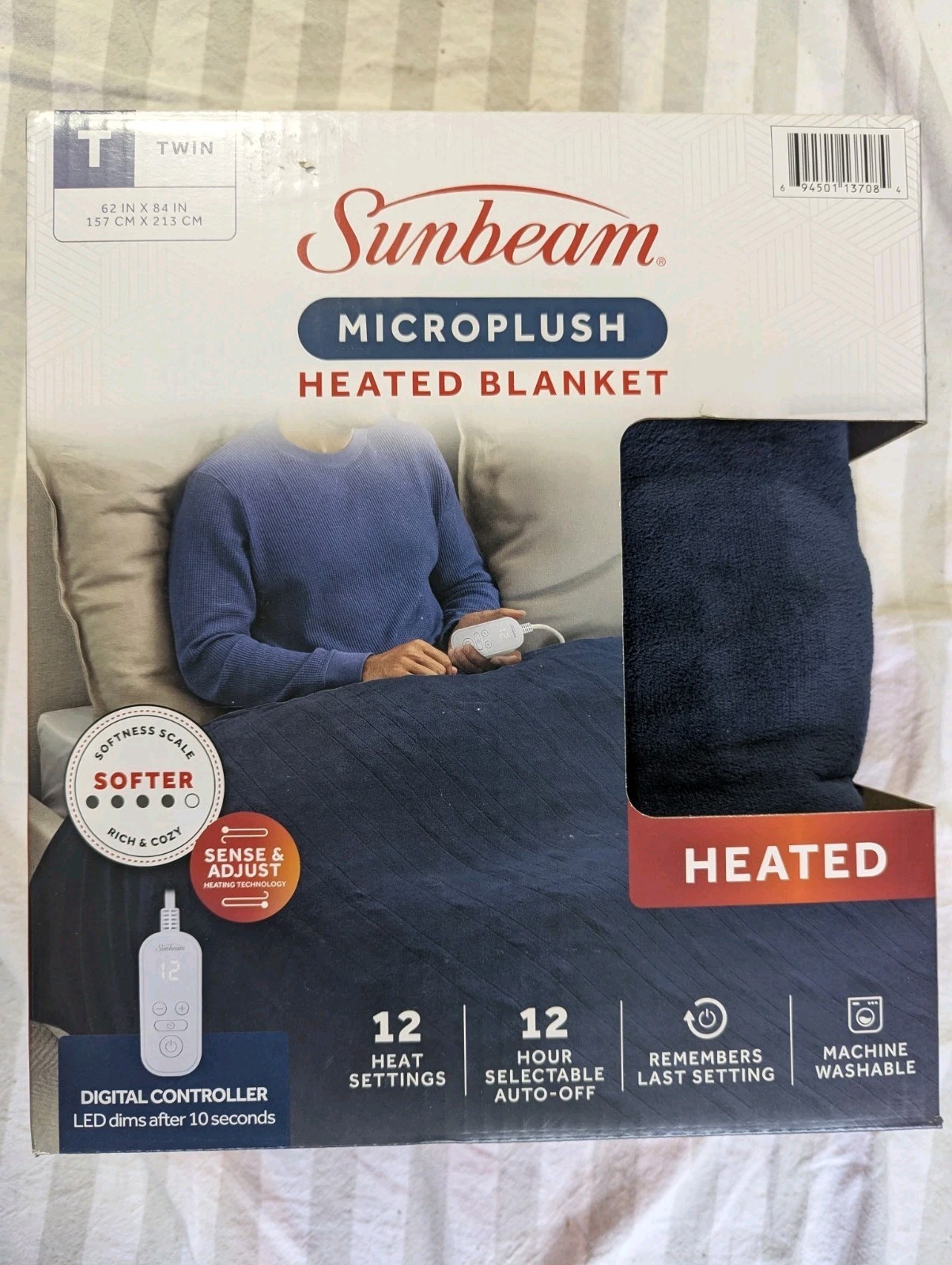 New Sunbeam Electric Heated Blanket Navy Microplush 12 Heat Settings Twin 62x84