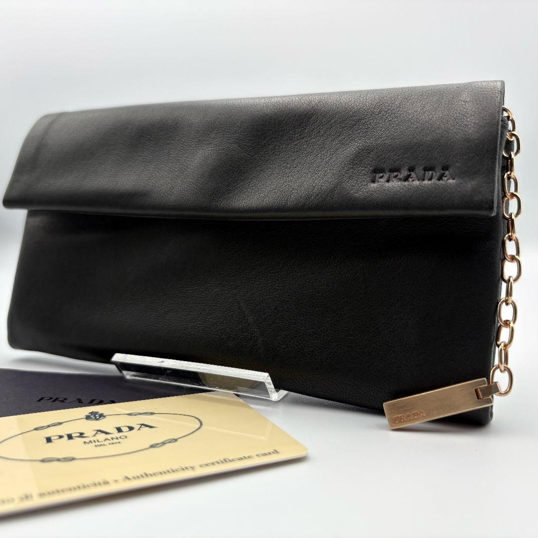 Prada Soft Leather Wallet Pouch Dark Gray with Gold Logo Fitting Pre-Owned