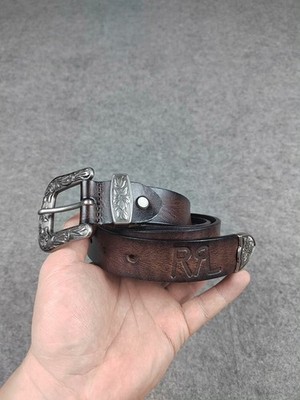 RRL Double RL Brown Leather Belt Western Engraved Buckle Vintage Style Size 32
