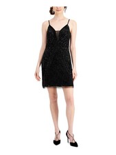 JKARA Womens Black Zippered Spaghetti Strap V Neck Mini Cocktail Sheath Dress S