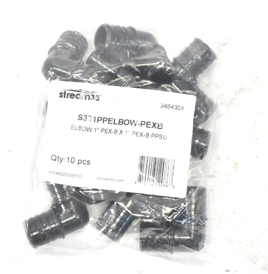Lot of 10 Stream33 Pex Elbows 90° 1" x 1" S331PPELBOW-PEXB Black For Crimp/Cinch
