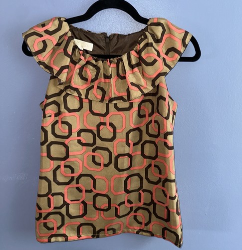 Britt Ryan Ruffle Neck Sleeveless Silk Blouse 4 Latte, Coral, Mocha Geometric - Picture 2 of 7