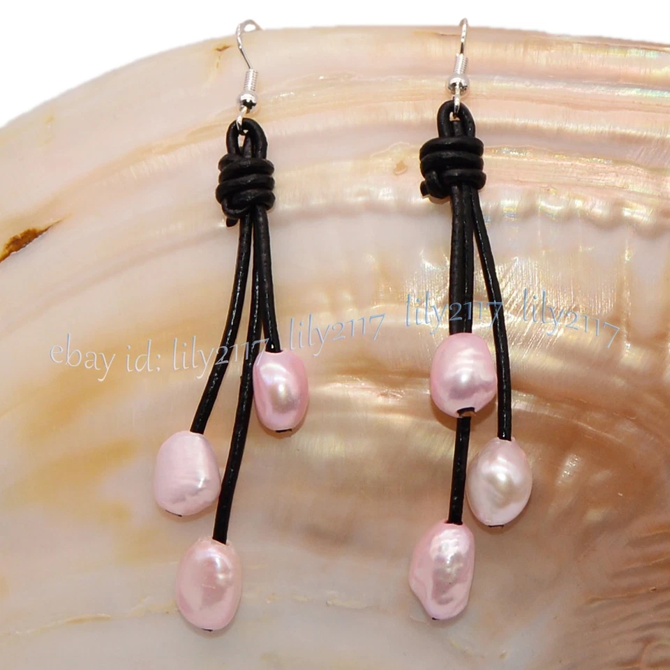 Pendientes de gancho colgantes de cuerda de cuero negro con perlas barrocas naturales de agua dulce 9-10 mm Foto 3 de 4