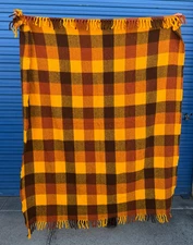 FARIBO PAK-A-ROBE WOOL Brown YELLOW PLAID BLANKET CASE  51x54 Inches