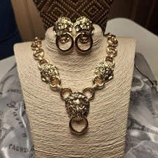 Vintage Signed KJL Necklace Earrings Clips Demi Lions Head Door Knocker Estate*