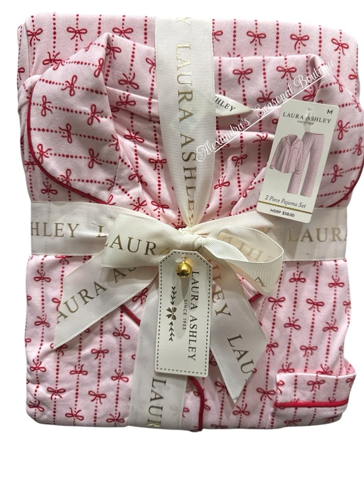 Laura Ashley Christma Soft Long Sleeved Pajama 2 Pc Set M Pink Red Bows Ribbons - Image 2 of 4