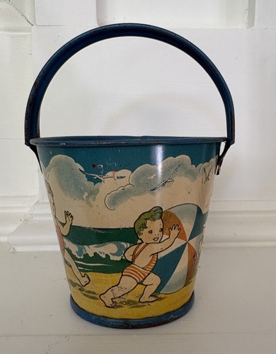 Tin Litho Sand Pail Children VTG  Metal Bucket 3 in Beach Pops Red Blue Shovel