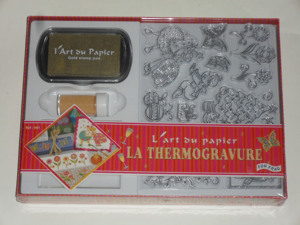Kit thermogravure complet, poudre or et tampons transparents pour scrapbooking et gaufrage