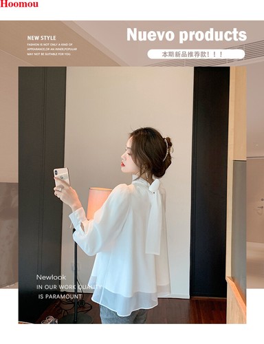 Korean Women Bow Tie Puff Sleeve Chiffon Party Formal Workwear Blouse Tops Shirt - Picture 6 of 15