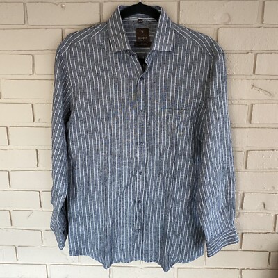 Benzer Men s Gray Striped Slim Fit Long Sleeve 100% Linen Button Up Shirt Size L