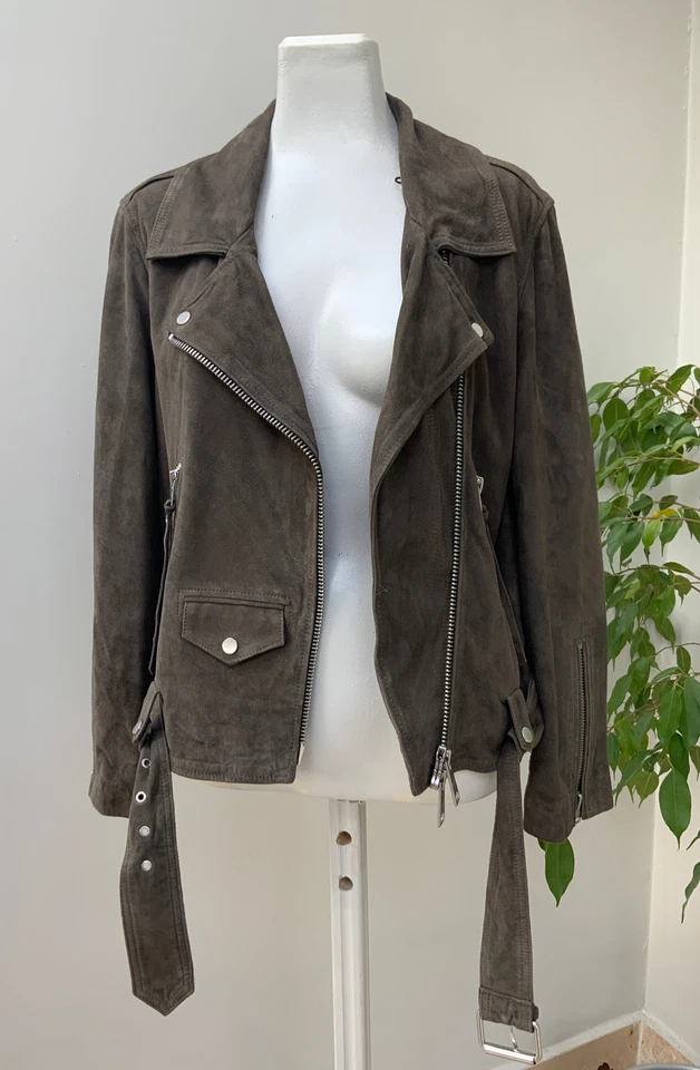 Designer All Saints Shearling Leather Olive Ecru Biker Jacket UK10 RRP £999 BNWT - Image 2 of 4