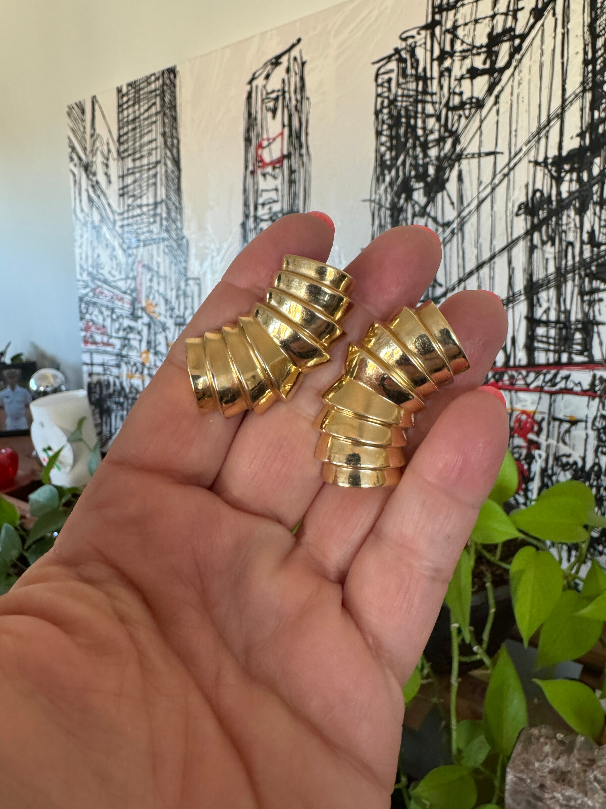 14K  Earrings Statement Solid Gold Ribbed - image 6