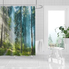 Green Forest Shower Curtain Forest Path Bathroom Decor with Hooks Polyester