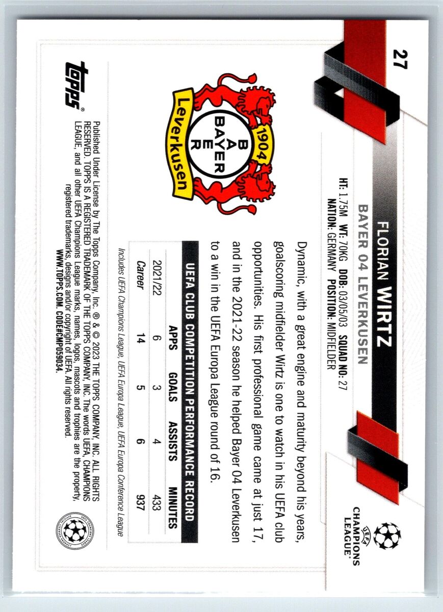 Florian Wirtz 2022-23 Topps UEFA Club Competitions Bayer 04 Florian Wirtz 2022-23 Topps UEFA Club Competitions Bayer 04