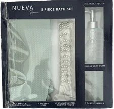 Nueva Spa 5 Piece Bath Set, Curtain, Liner,Hooks, Soap Pump,Tumbler- Green Sage