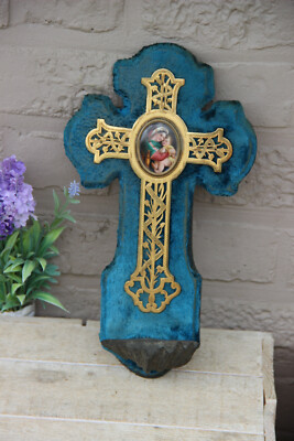 Antique French Holy water font crucifix porcelain medaillon madonna velvet 