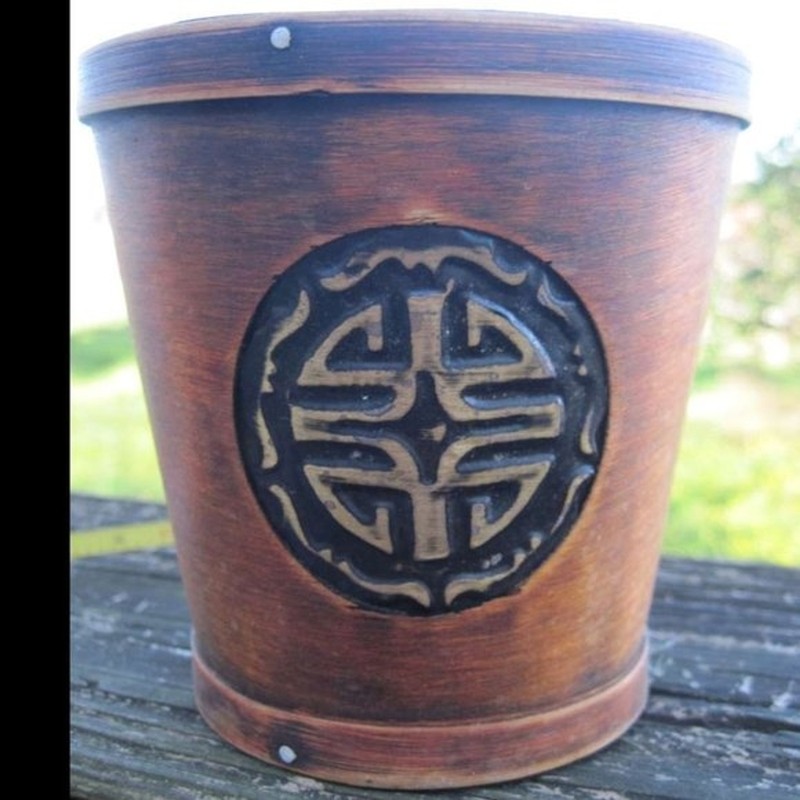 Brown Papery Metallic Wood Celtic or Asian Symbol Accent Plant Flower Pot Vase